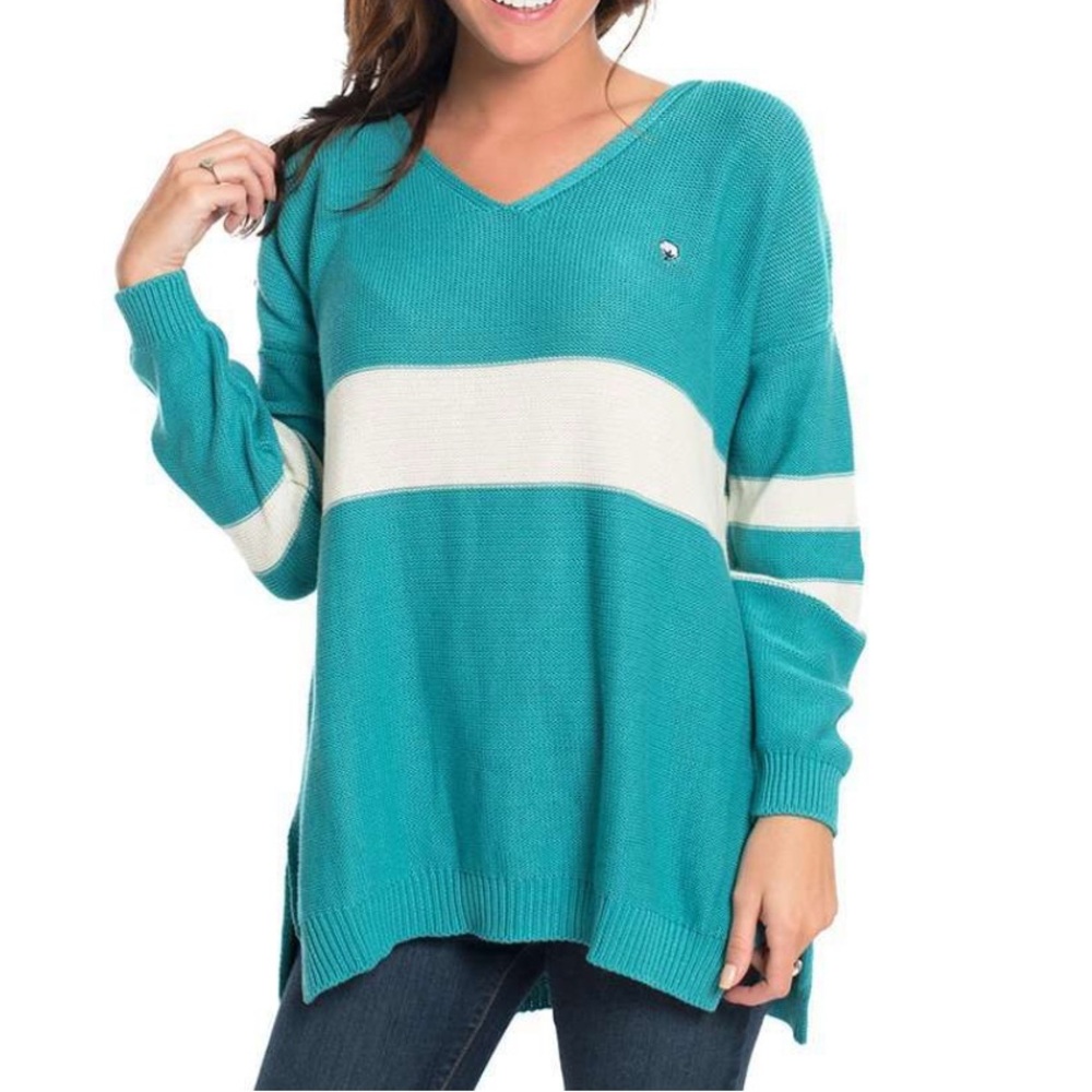 NWT Southern Shirt Company Varsity Sweater In Baltic Large Turquoise Knit V-neck